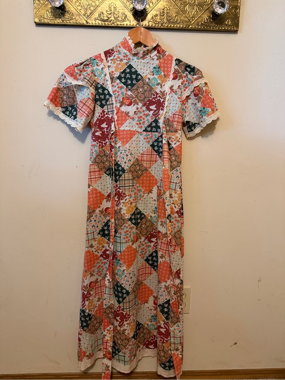 VTG 70S MONTGOMERY WARD PATCHWORK PRAIRIE MIDI DRESS XS